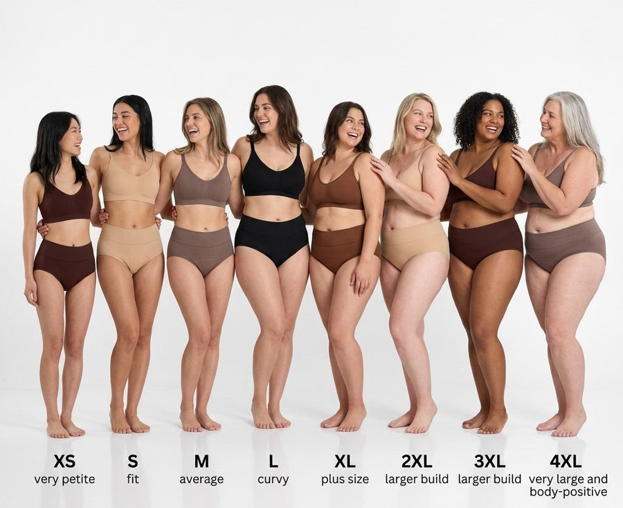 Size guide: women wearing Puredries in sizes XS to 4XL