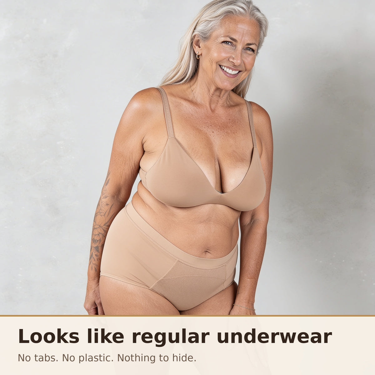 Puredries leakproof underwear worn: looks like regular underwear, no tabs or plastic