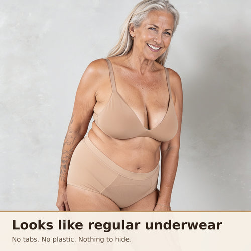 Puredries leakproof underwear worn: looks like regular underwear, no tabs or plastic