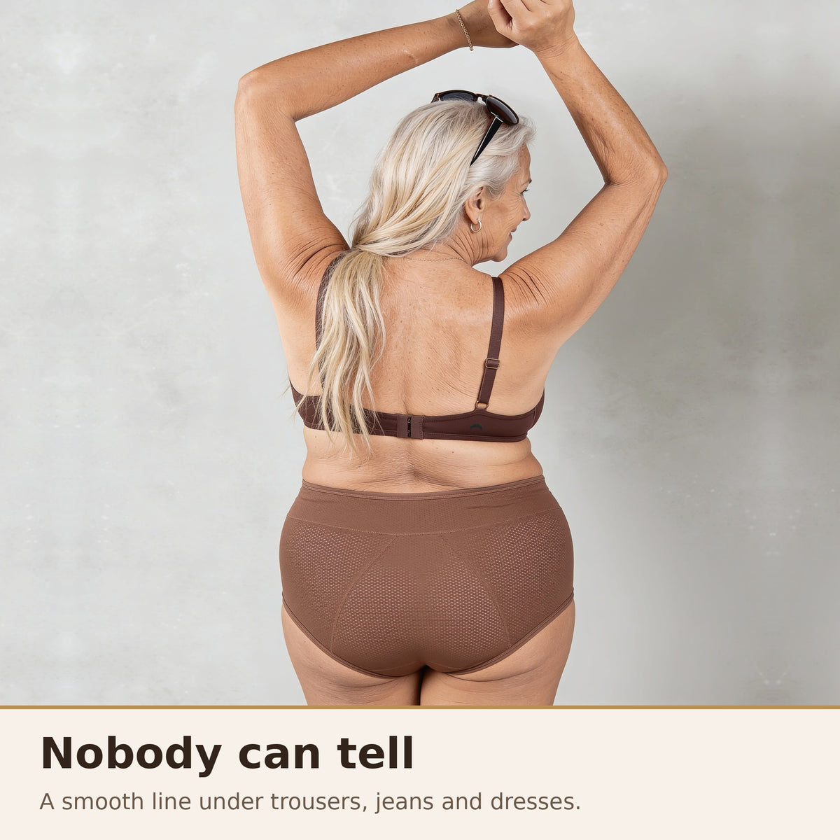 Puredries leakproof underwear seen from behind in Mocha Luxe: a smooth line with no visible lines, no bulk and no crinkle under clothes