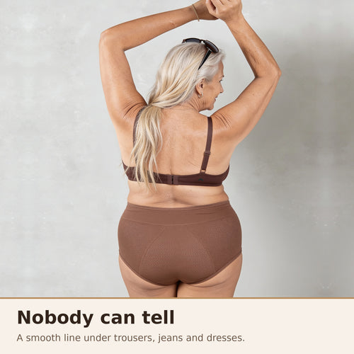 Puredries leakproof underwear seen from behind in Mocha Luxe: a smooth line with no visible lines, no bulk and no crinkle under clothes